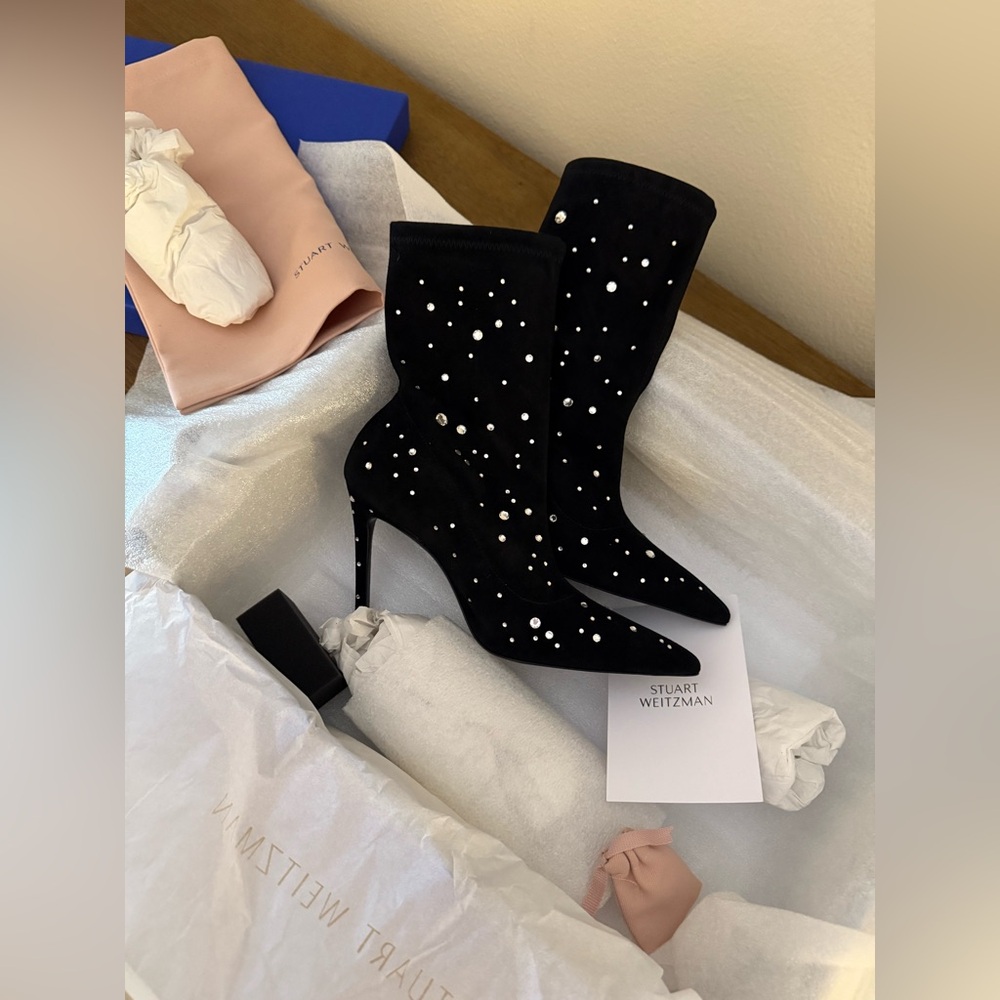 ✨ Stuart Weitzman Crystal Sock Booties – Black (Size 7/ 37.5 EU)